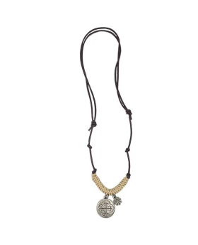 Leather adjustable cord Necklace with twine accent and Pewter Cross with flower charm