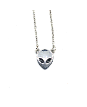 Silver Alien Head with black eyes on silver chain necklace