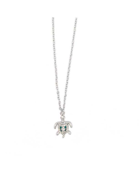 Silver Turtle with clear and green crystals Necklace