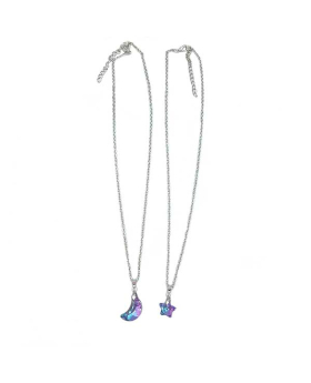Assorted purple/blue iridescent crystal Moon and Star pendant on silver chain Necklace