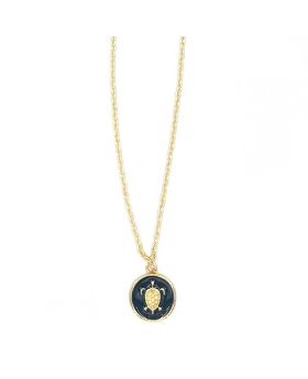 Gold Necklace with gold Turtle in round blue circle