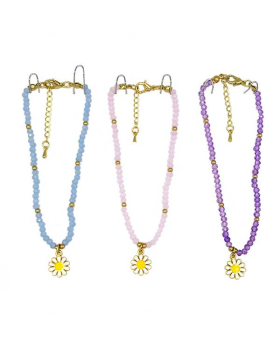 Assorted Pink Blue and Lavender bead Daisy anklet on gold chain