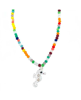 Silver and crystal Seahorse  with multi color bead Anklet