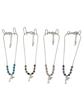 Assorted Genuine Stone beads on Silver chain with clear rhinestone Dolphin anklet