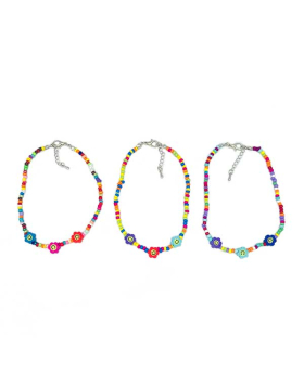 Assorted multicolor bead anklet with 3 smile face Daisy fimo beads