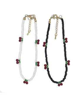 Assorted Black/White beaded Anklet with beaded Cherry