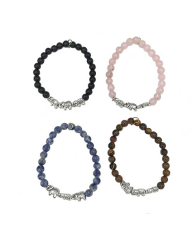 Assorted Genuine Stone elastic Bracelet with 3 Silver Elephant Beads