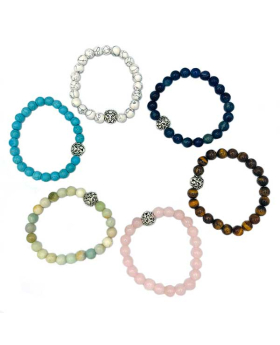 Assorted Genuine stone bead elastic bracelet with small silver Lion bead