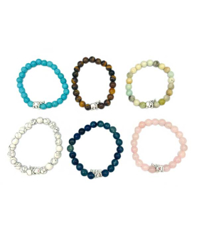 Assorted Genuine stone bead elastic Bracelet with small silver Elephant bead