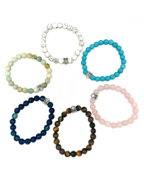 Assorted Genuine Stone bead elastic Bracelet with small silver Owl bead