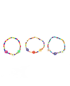 Assorted multicolor bead Bracelet with 3 Fimo smile face Daisy beads