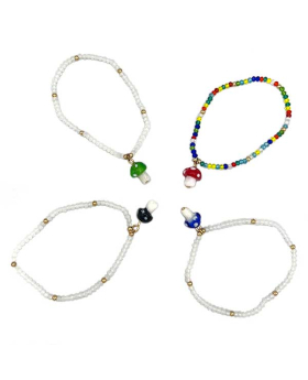 Elastic assorted beaded Bracelet with glass Mushroom charm