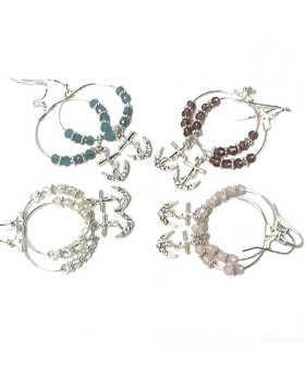 Silver hoop earrings with assorted beads and Anchor with crystals