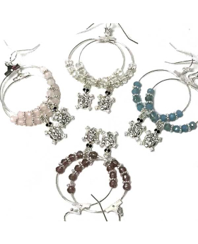 Silver Hoop earrings with assorted beads and Turtle with crystals
