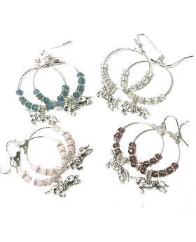 Silver hoop earrings with assorted beads and Unicorn with crystals
