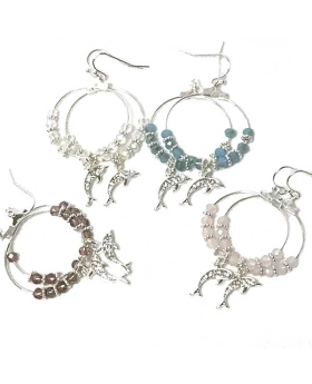 Silver hoop earrings with assorted beads and Dolphin with crystals