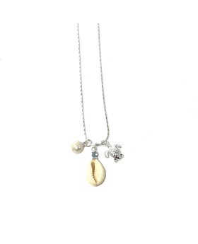 Cowrie shell with silver turtle and pearl necklace
