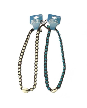 Assorted teal or white beads on brown macrame cord with cowrie necklace