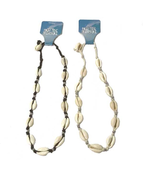 Cowrie necklace with small silver beads on brown or white cord assorted
