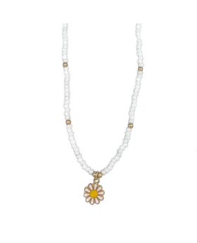 Pearl & Gold bead Necklace with small enamel Daisy charm