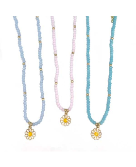 3 assorted color bead Necklace with small enamel Daisy charm with gold accent beads