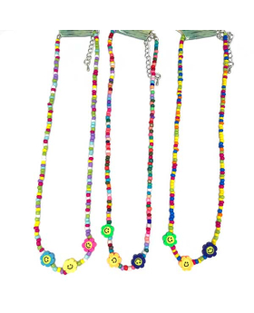 Assorted multi bead Necklace with 3 Flower Smiley Face beads