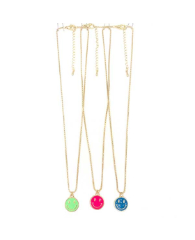 3 assorted enamel Smile Face pendants on gold chain Necklace