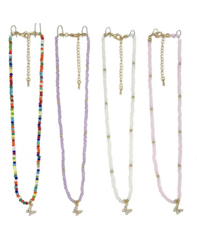 4 Assorted beaded Necklace with Gold & Crystal Butterfly charm 
