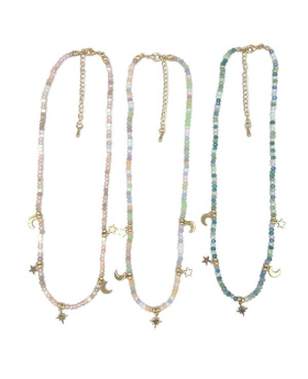 3 assorted multi color bead Necklace with multiple gold moon and star charms
