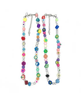 Assorted fruit and other Fimo beads, glass Mushroom and pearls Choker
