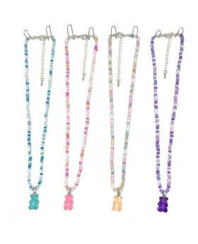 Assorted pastel mix beaded Necklace with gummy Bear charm