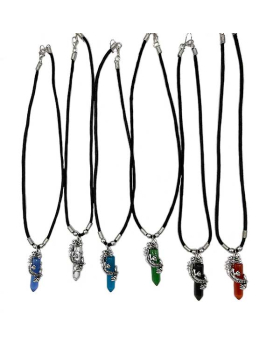 Silver Dragon wrapped around assorted pointy Crystal on black cord Necklace