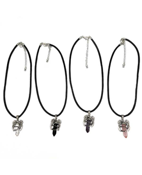 Assorted pointy Crystal with Silver Dragon wings on black cord Necklace