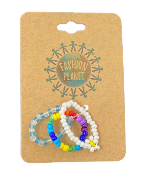 Beaded Daisy Ring, Set of Three - Blue / Rainbow/ White