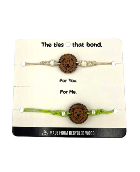 Carded Pair of recycled Wood Bracelet with Bear face design