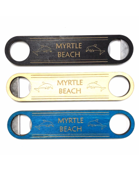 Stained wood flat bottle opener with namedrop