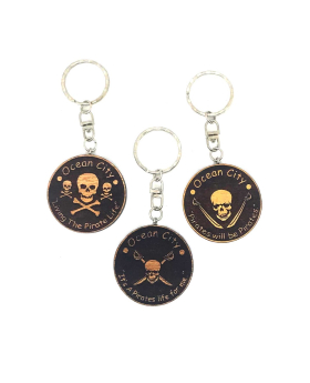 Pirate wood etched keychains assorted with namedrop
