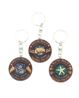 Wood small round keychain with sea life in resin