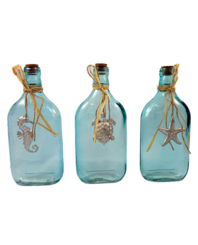 Flat Glass Bottle w/ Rafia & 3 Asst Pewter Dangles