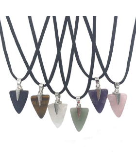Assorted Triangle shaped stone Pendant with silver findings on black cord necklace