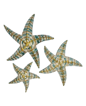 Set of 3 Wood Starfish in Blue and Gold