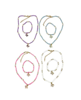 Beaded Necklace and Bracelet Set with Butterfly dangles