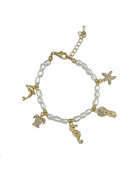 Gold Pearl Bracelet with crystal Sea life charms