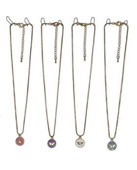Assorted Round Enamel Pendant with gold Butterfly in center Necklace