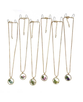Assorted pressed flowers on gold chain Necklace
