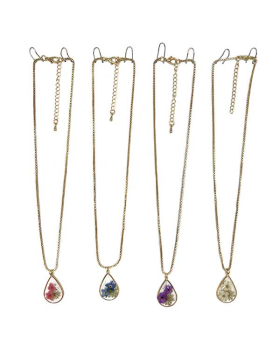 Resin teardrop shape with pressed Flower Necklace 