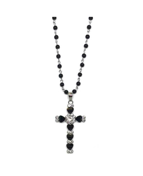 Cross necklace with small black rhinestone hearts and clear rhinestone on black beaded silver chain