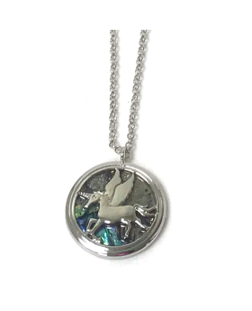 Silver Pegasus on disc of mother of pearl necklace