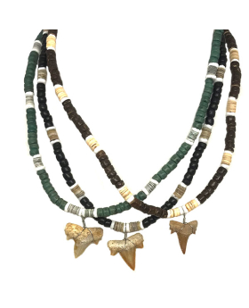 Clam/White/Wood beads in assorted greens with Shark Tooth Necklace