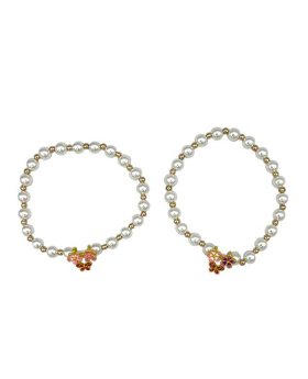 Pearl and Gold bead elastic Bracelet with small enamel flowers and Butterfly